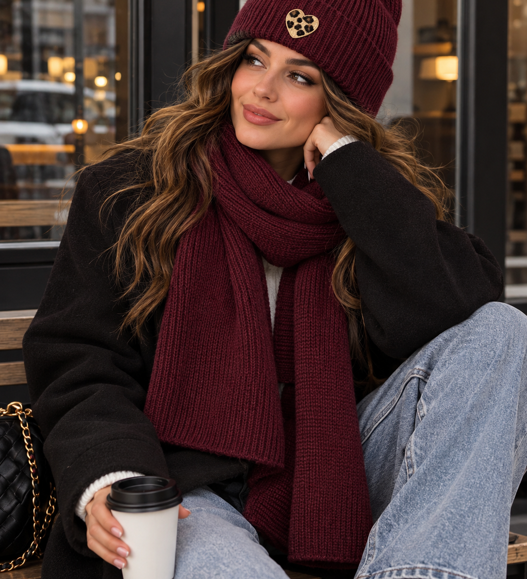 BEANIE UND SCHAL SET MIT LEOHERZCHEN