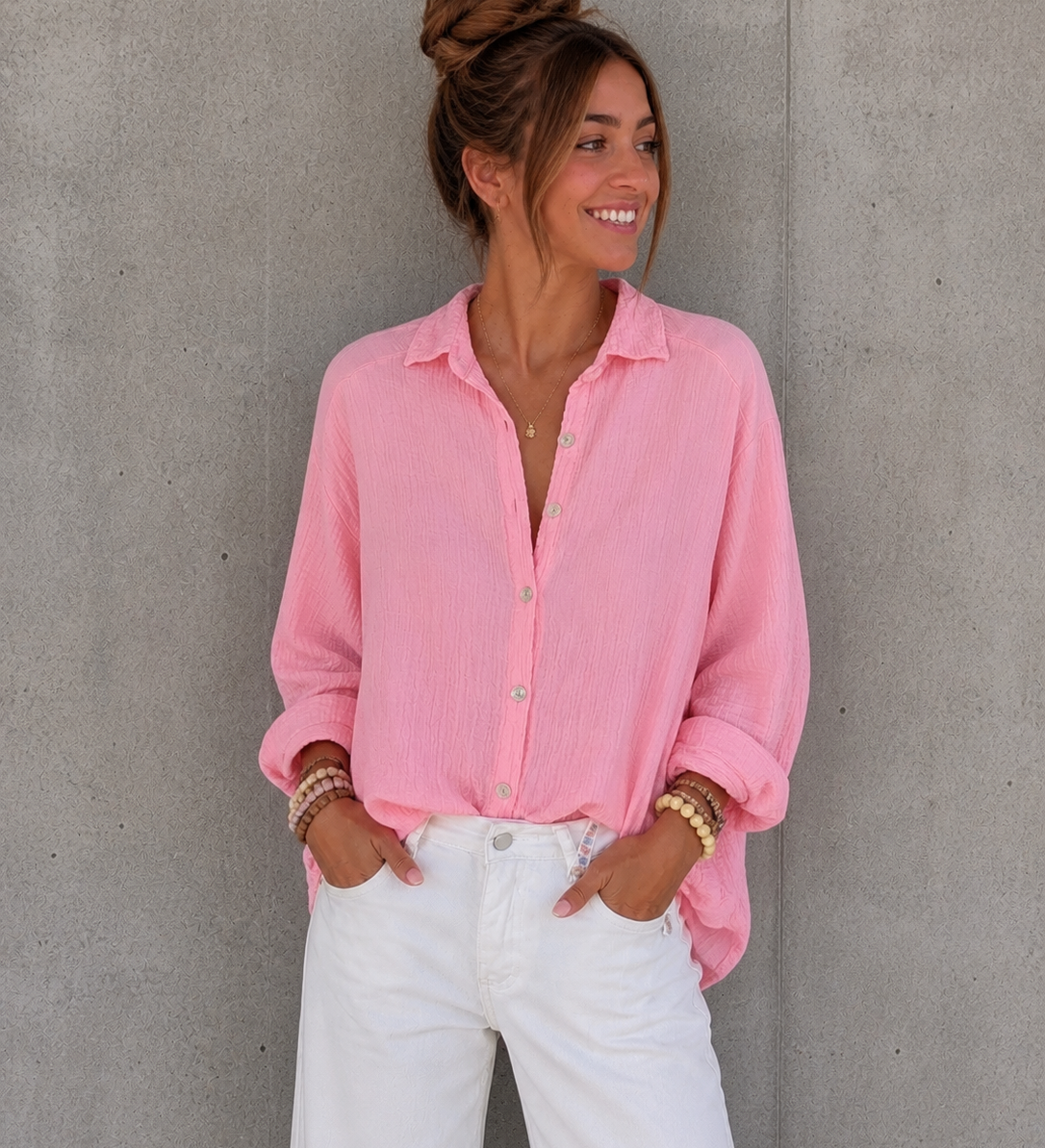 KURZE OVERSIZE BLUSE „GOOD VIBES“