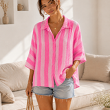 GESTREIFTE KURZARMBLUSE AUS MUSSELIN „MALIBU PINK“
