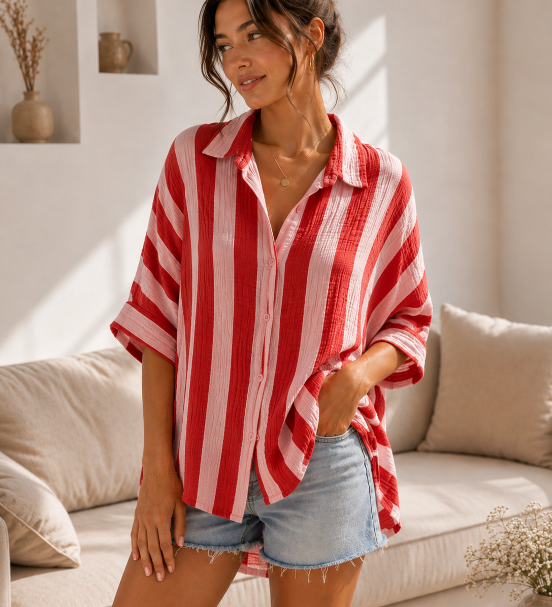 GESTREIFTE KURZARM MUSSELINBLUSE "CANDY POP"