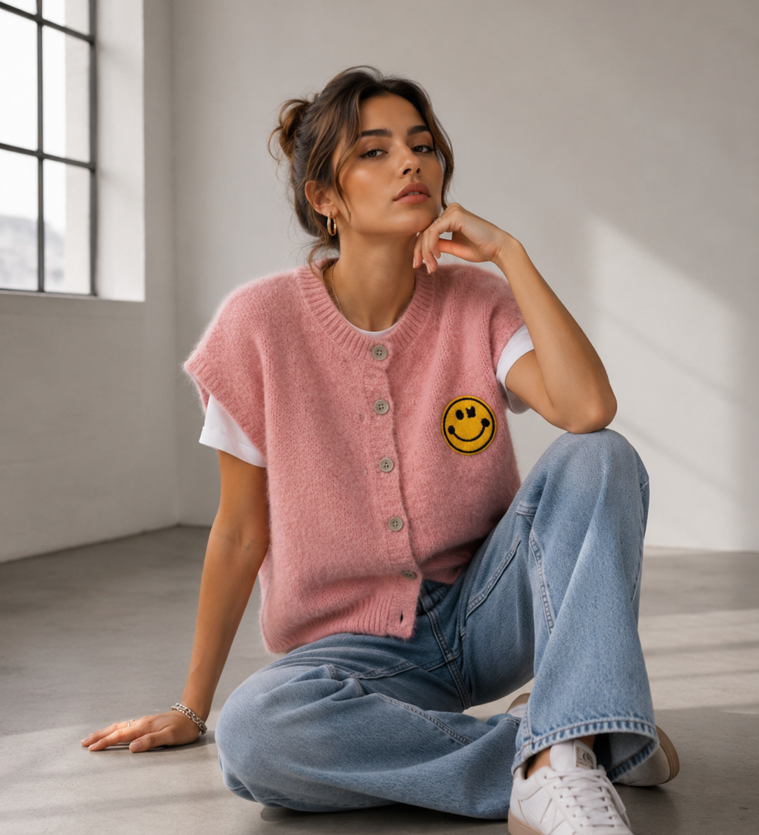 ÄRMELLOSE STRICKWESTE "SMILEY"