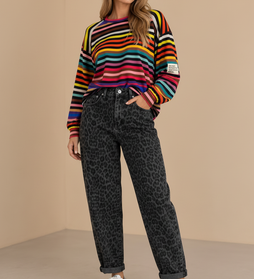 MOM JEANS ANTHRAZIT LEO kombiniert mit Rainbow Vibes Sweater Black und Teddyweste Good Vibes