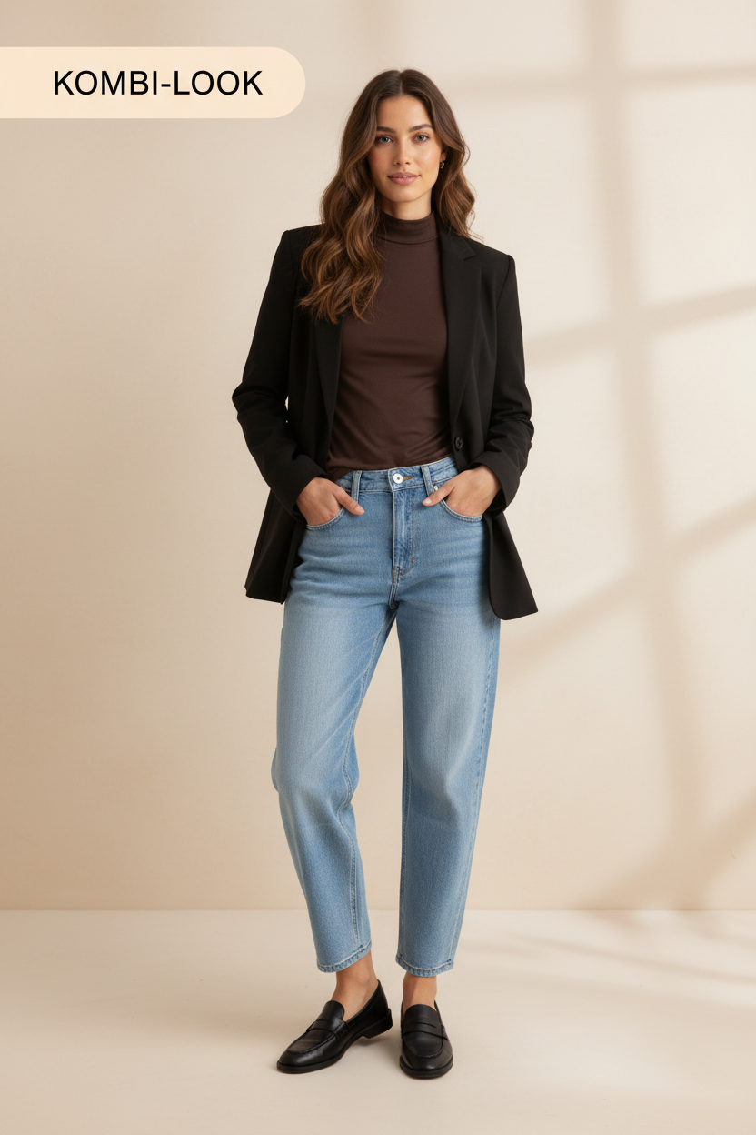 LENA Tapered Fit Jeans kombiniert mit Turtleneck Softy Longsleeve und Butterstoff Blazer Zoe